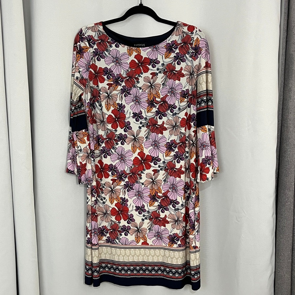 Enfocus Petite Women's Sz 10P Floral Boho Bell Sleeve Shift Dress Purple Stretch